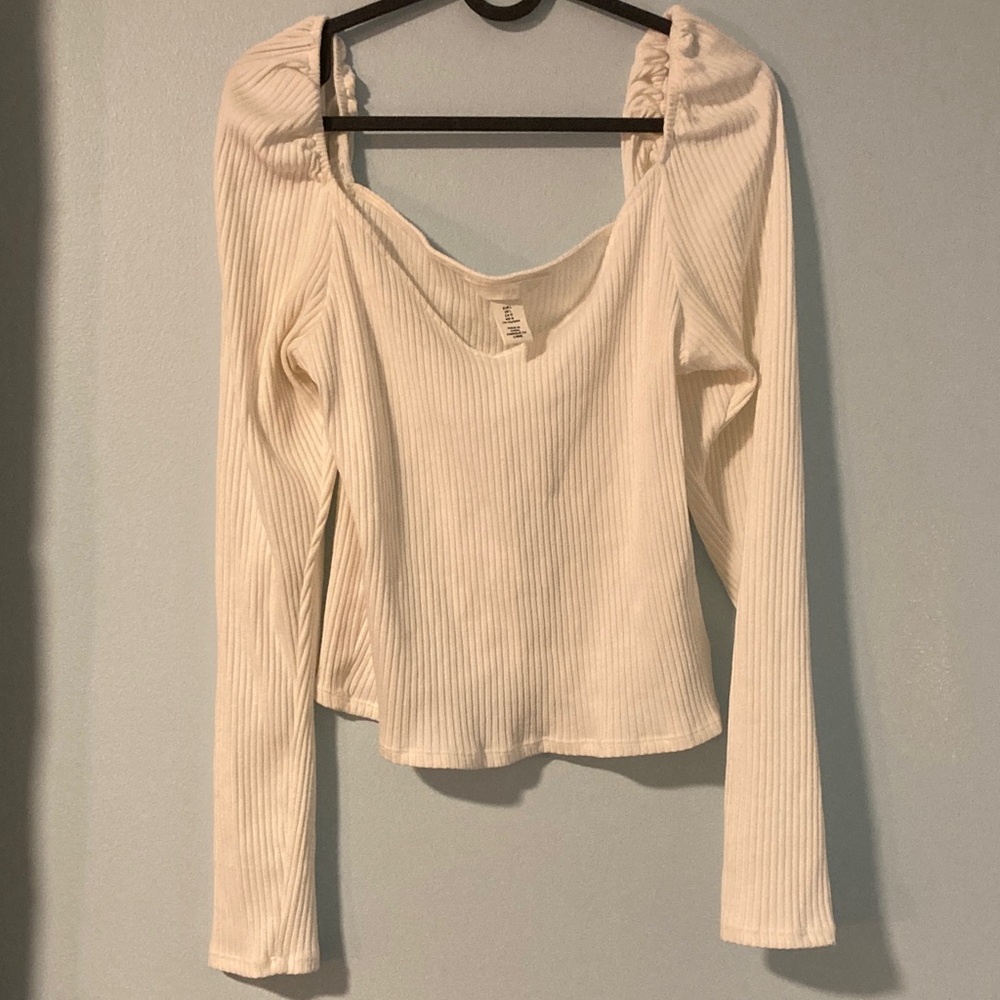 Elegant Cream Ribbed Long Sleeve Top